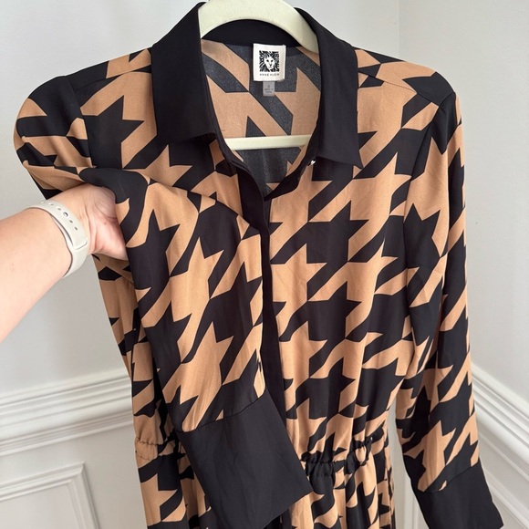 NWOT Anne Klein Houndstooth Black Brown Printed Drawstring Shirt Dress Size 6 - Picture 8 of 10